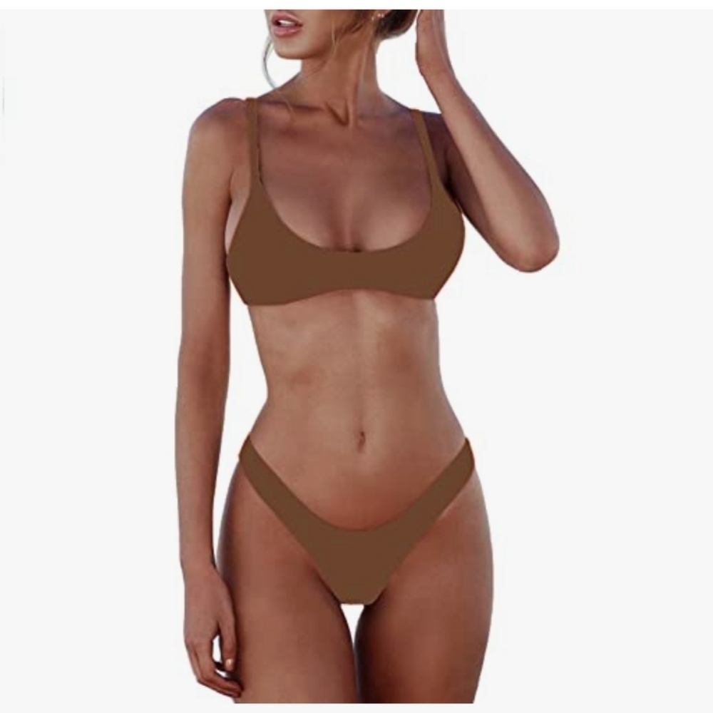 NWT SherryDC Brown Scoop Neck Brazilian Cheeky Bikini Small